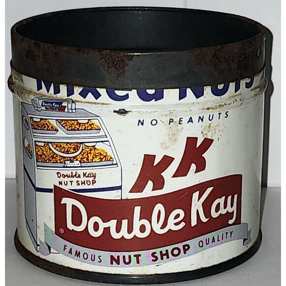 Vintage Original Double Kay Nut Shop Tin Great Graphics 3 Inch See Desc & Pic - Picture 1 of 12